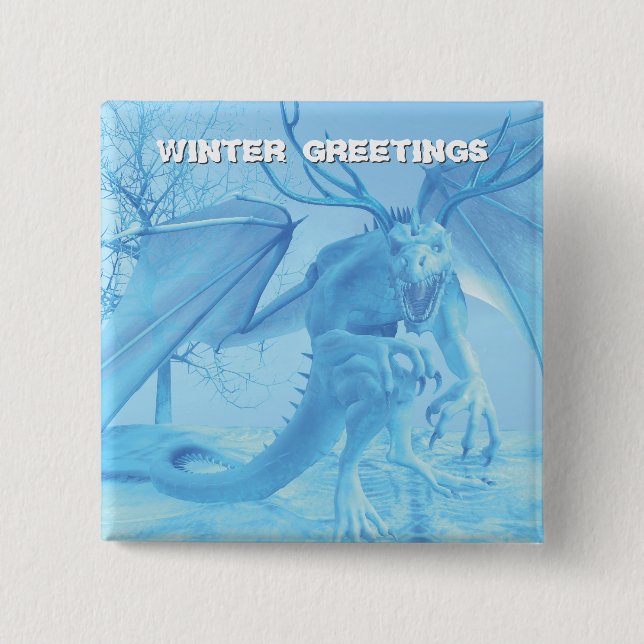 Wintergrüße. Eisdrache mit Geweih Button (Vorderseite)