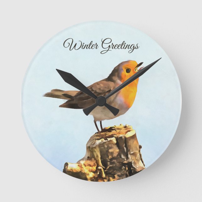 Wintergrüße. Robin singt  Runde Wanduhr (Vorderseite)