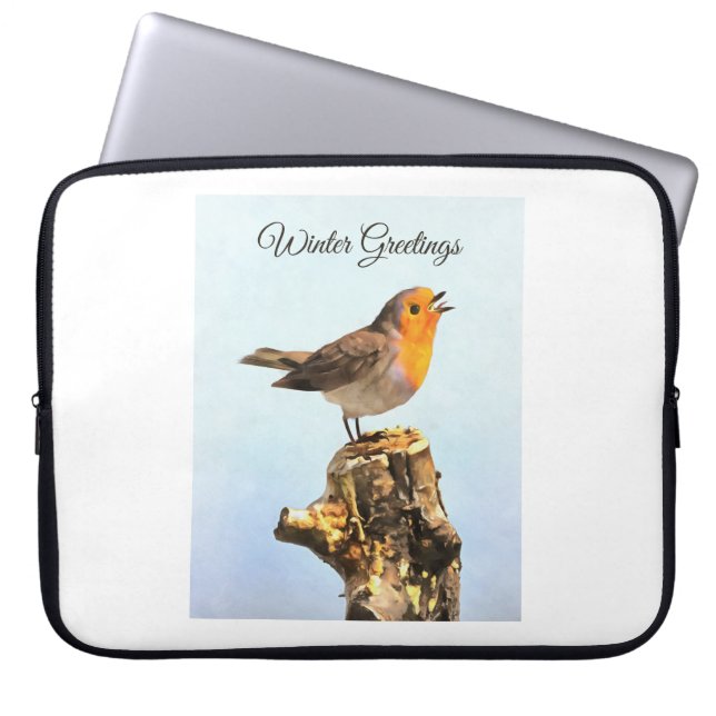 Wintergrüße. Rotkehlchen singt  Laptopschutzhülle (Vorderseite)
