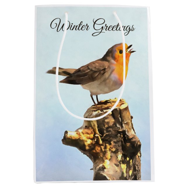 Wintergrüße. Rotkehlchen singt  Mittlere Geschenktüte (Vorderseite)