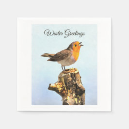 Wintergrüße. Rotkehlchen singt Serviette
