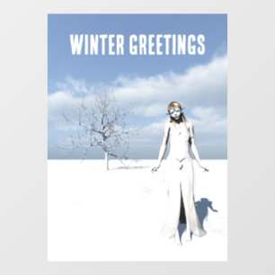 Wintergrüße. Weiblicher Elf, der im Schnee läuft Fensteraufkleber