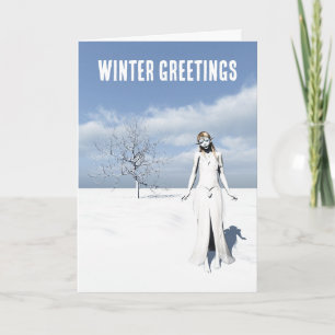 Wintergrüße. Weiblicher Elf, der im Schnee läuft Karte