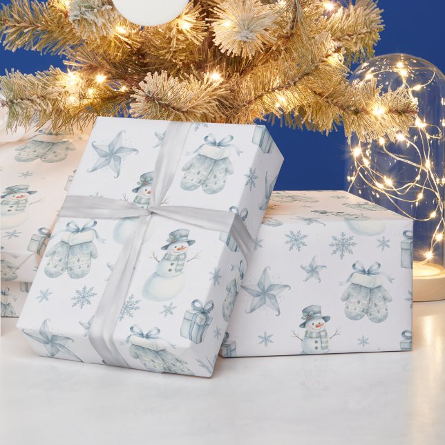 Winterhandschuhe & Schneemann Blaues Weihnachtsges Geschenkpapier (Feiertage)