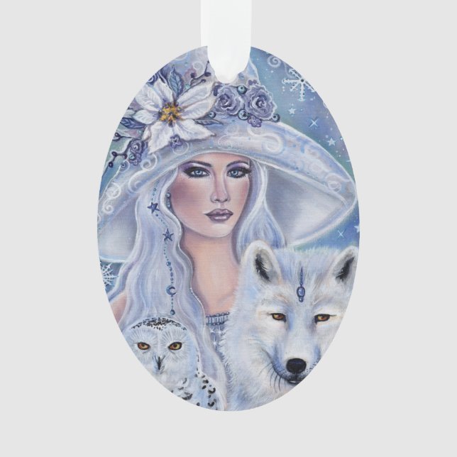 Winterhexe mit Fuchs und Eule von Renee Lavoie Ornament (Vorderseite)