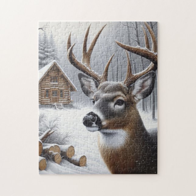 Winterhirsch/Hirschbock Kunst Puzzle (Vertikal)