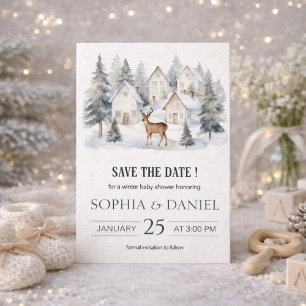 Winterhirsch im Dorf Aquarell-Baby-Shower Save The Date