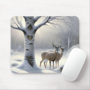 Winterhirsche mit Birkenbaumherz Mousepad