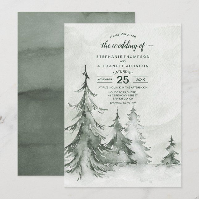 Winterhochzeit der Aquarellbäume Einladung (Vorne/Hinten)