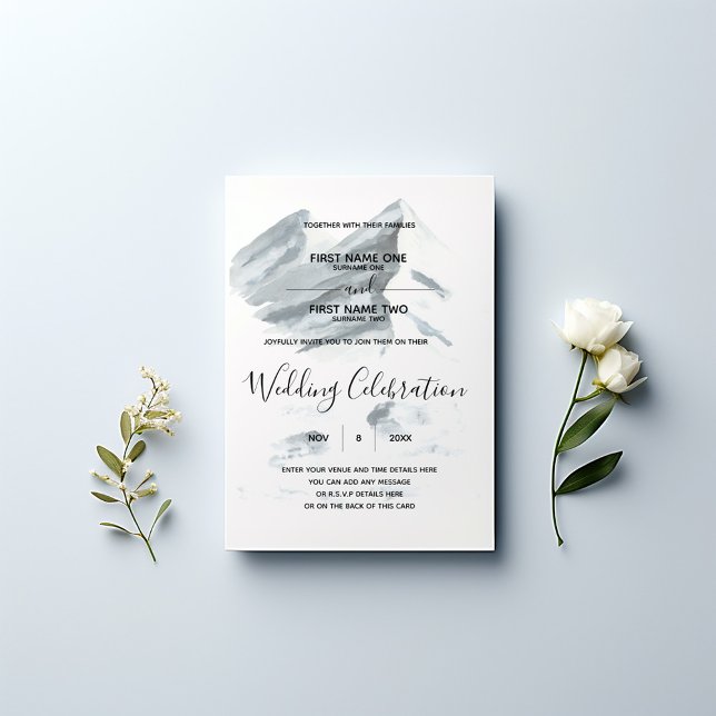 Winterhochzeit Einladung (Serene watercolor mountain landscape in soft, muted grey tones wedding invitation.)