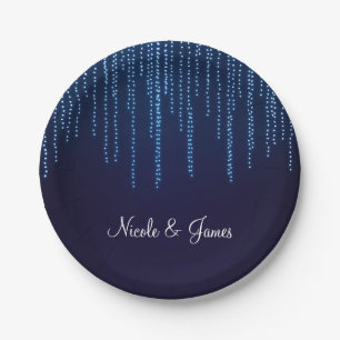 Winterhochzeit Elegante blaue funkelnde Lichterket Pappteller