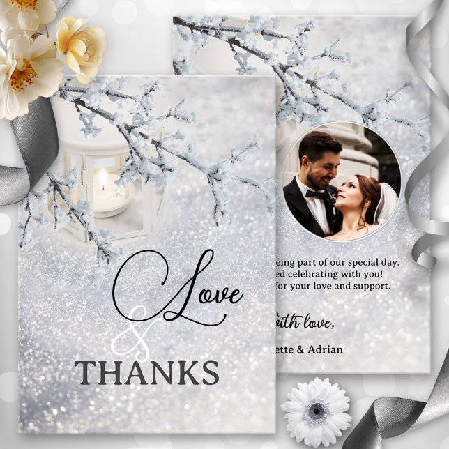 Winterhochzeit-Foto "Funkeln" dank Karte (Winter wedding Thank You card featuring a candle lit lantern in a sparkling snow with custom photo)