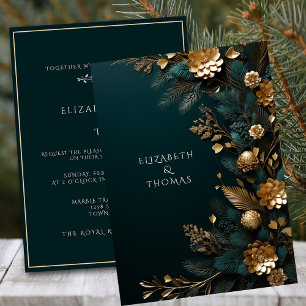 Winterhochzeit Goldene Zapfen Grüne Tannennadeln Einladung