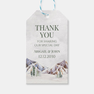 Winterhochzeit im schneebedeckten Bergwald - Danke Geschenkanhänger