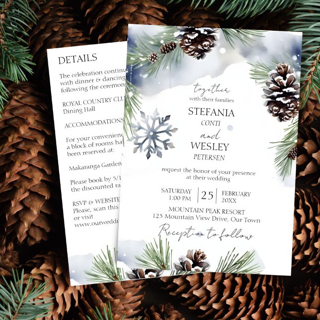 Winterhochzeit in einem schneebedeckten Kiefernwal Einladung (Winter wedding all in one editable template invitation digital download watercolor snowy pines grey)