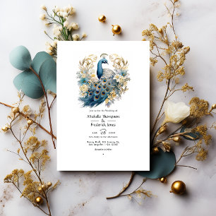Winterhochzeit in Grau, Peacock Blue und Gold Flor Einladung