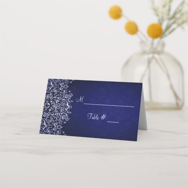 Winterhochzeit in Navy Blue und White Damask Platzkarte (Vorderseite)