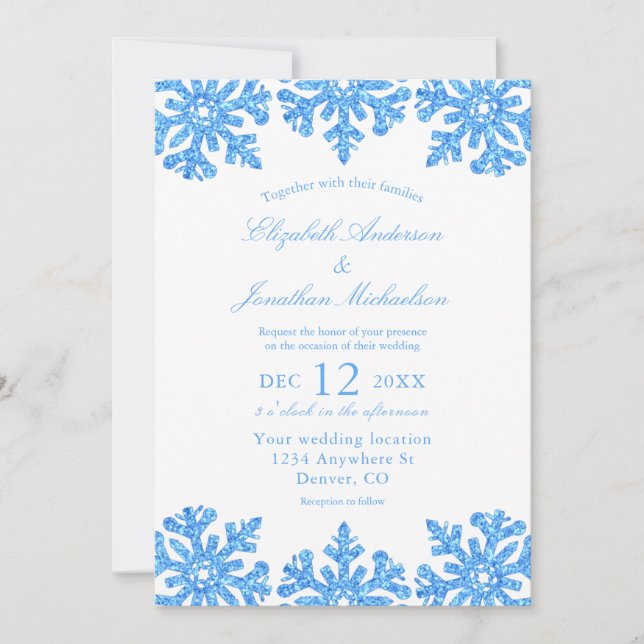 Winterhochzeit mit blauem Snowflake Einladung (Vorderseite)