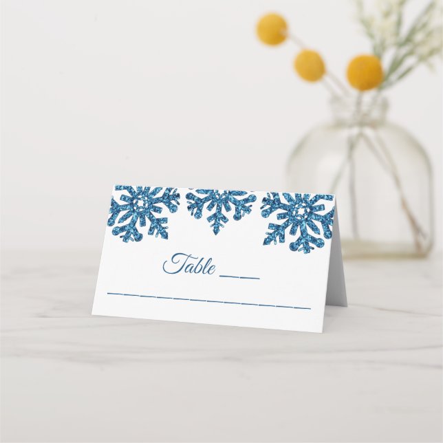 Winterhochzeit mit blauem Snowflake Platzkarte (Vorderseite)