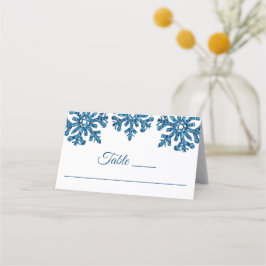Winterhochzeit mit blauem Snowflake Platzkarte