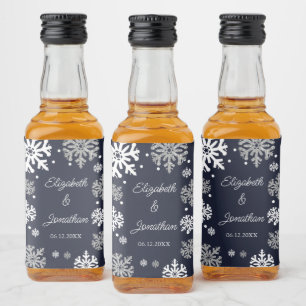 Winterhochzeit mit blauen Schneeflocken Alkoholflaschenetikett