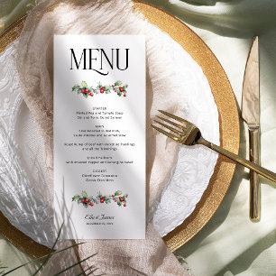 Winterhochzeit mit Stechpalmen und roten Beeren Menükarte