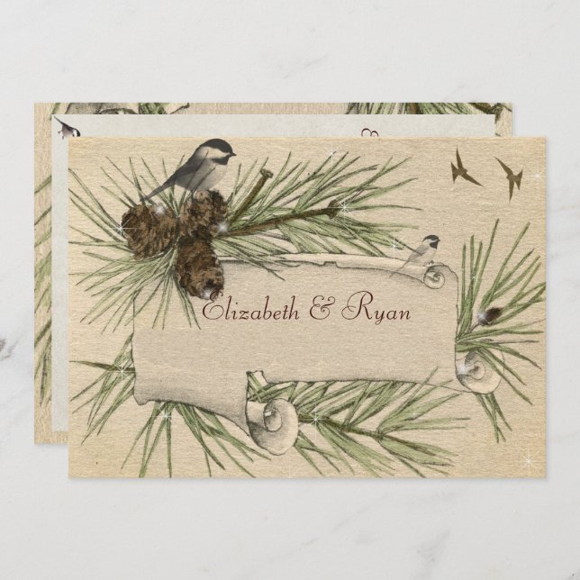 Winterhochzeit, Pine Cones Black Cap Chicadee Einladung (Vorne/Hinten)