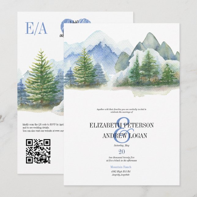 Winterhochzeit | Rustikale Berge | QR Code Einladung (Vorne/Hinten)