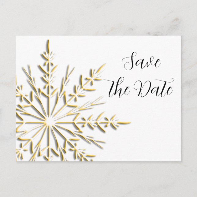 Winterhochzeit Save the Date mit Gold Snowflake Ankündigungspostkarte (Vorderseite)
