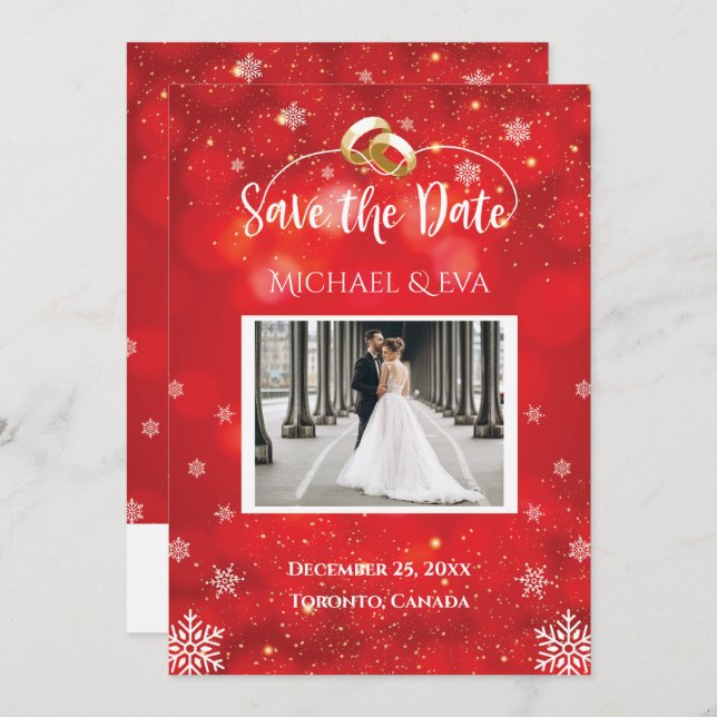 Winterhochzeit Save the Date mit Red Snowflake Einladung (Vorne/Hinten)
