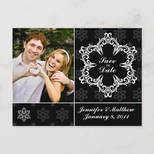 Winterhochzeit Save the Date Postkarte - B&W (Vorderseite)