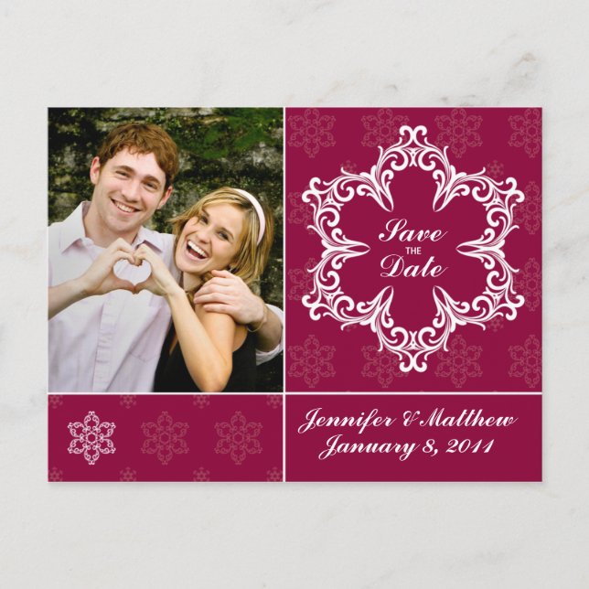Winterhochzeit Save the Date Postkarte - Cranberry (Vorderseite)