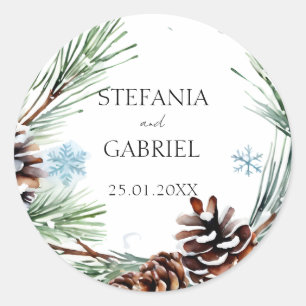 Winterhochzeit-Schneekiefern Runder Aufkleber