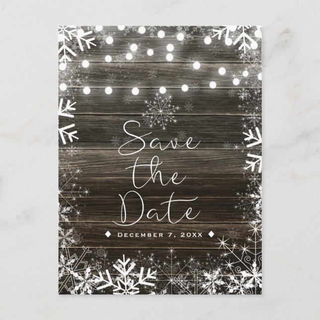 Winterhochzeiten und Schneeflocken Save the Date Ankündigungspostkarte (Vorderseite)