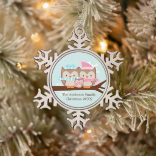 Winterhühnerfamilie Schneeflocken Zinn-Ornament