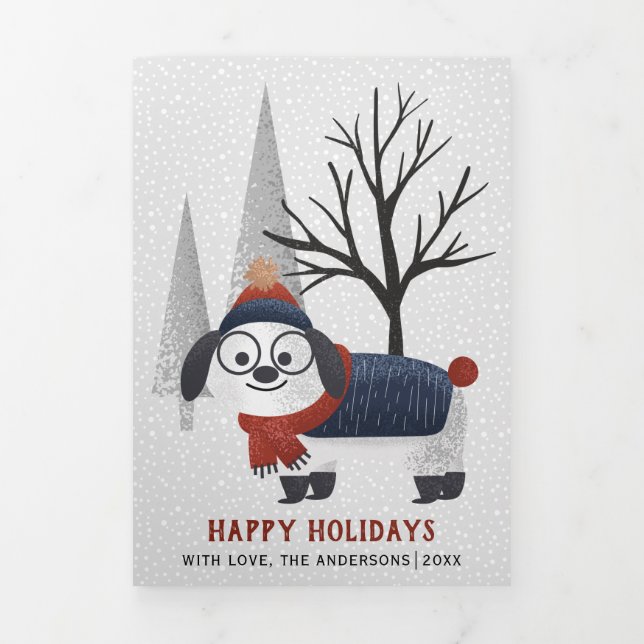 Winterhund und Bäume Weihnachten - Foto Dreifach Gefaltete Urlaubskarte (Cover)