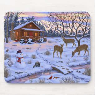 Winterhütte Hirsch im Schnee Weihnachtsszene Mousepad