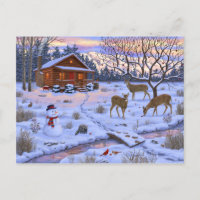 Winterhütte Hirsch im Schnee Weihnachtsszene