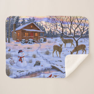 Winterhütte Hirsch im Schnee Weihnachtsszene Sherpadecke
