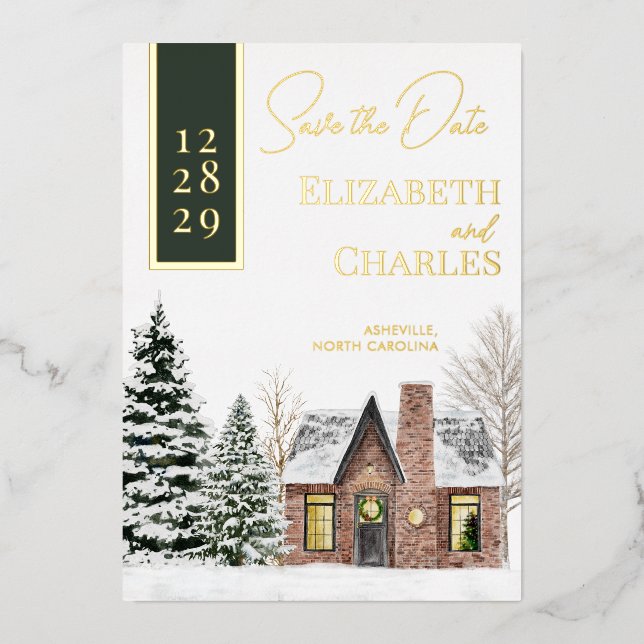 Winterhütte Hütte Grün Rustikal Save the Date Folieneinladung (Vorderseite)