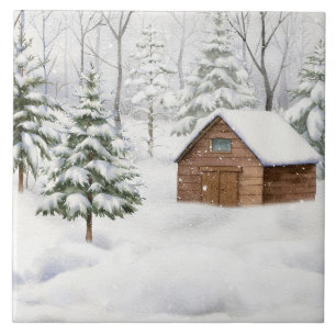 Winterhütte im schneebedeckten Wald Aquarell Fliese