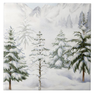 Winterhütte im schneebedeckten Wald Aquarell Fliese
