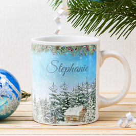 Winterhütte im Wald Personalisierte Weihnachten Kaffeetasse