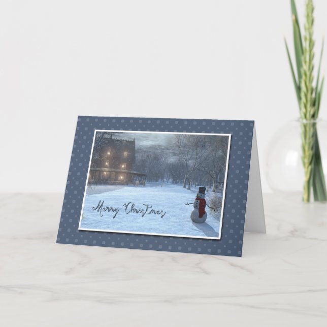 WinterHütte und Snowman im Mondschein Feiertagskarte (Vorderseite)