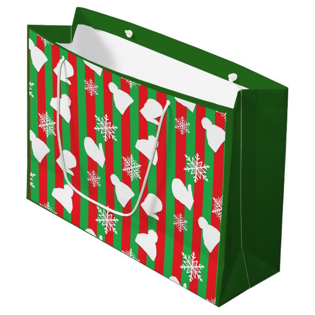 Winterhütten, Weihnachtsmilben, weiße Schneeflocke Große Geschenktüte (Vorderseite Schrägansicht)