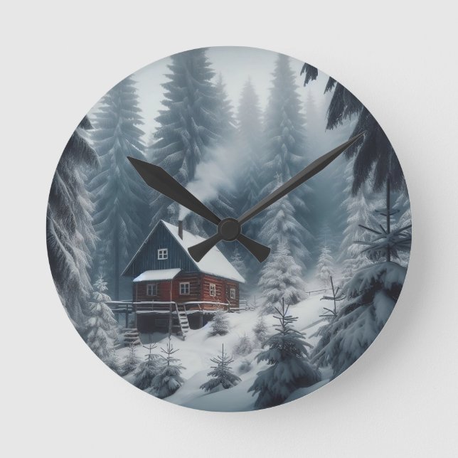 Winterhüttenlandschaft mit Schnee und Pinien Runde Wanduhr (Vorderseite)