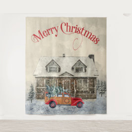 Winterkabine Red Truck Weihnachten Wandteppich