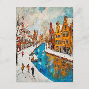 Winterkanal mit verschneiten Straßen und farbenfro Postkarte