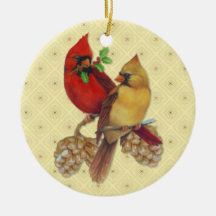 Winterkardinale Tanne und Stechpalme Keramikornament