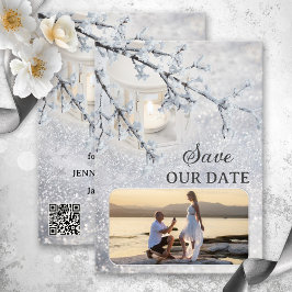 Winterkarte mit Funkelschnee-Foto Save the Date